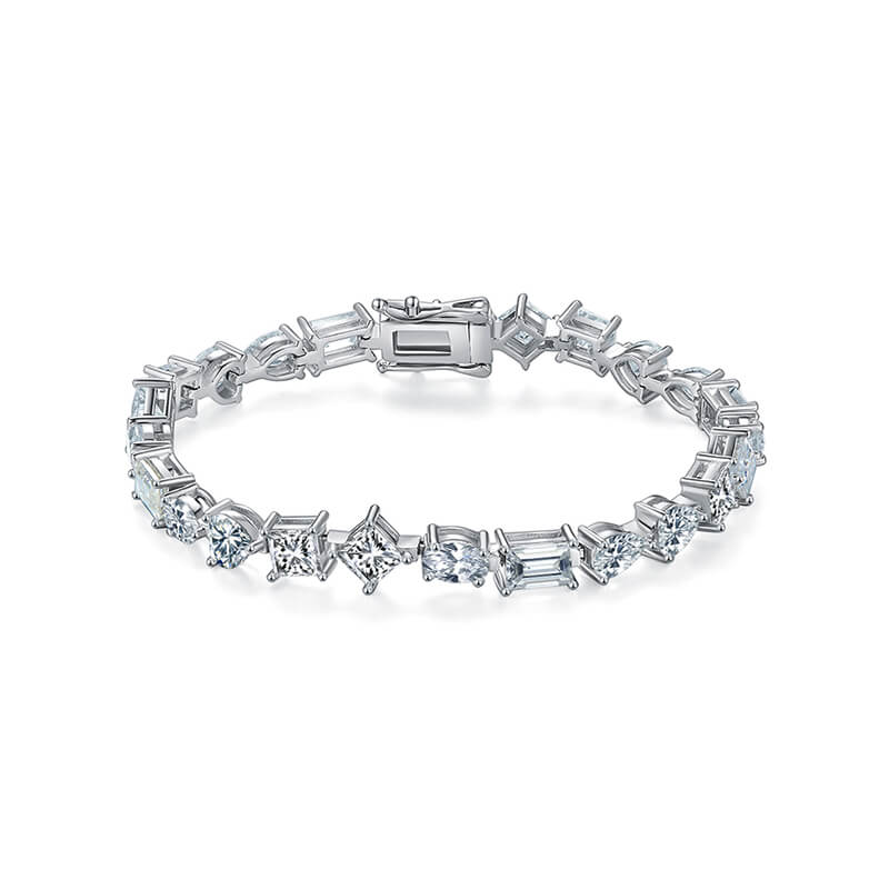 Alternating Pear Heart Oval Emerald-Cut Moissanite Tennis Sterling Silver Bracelet