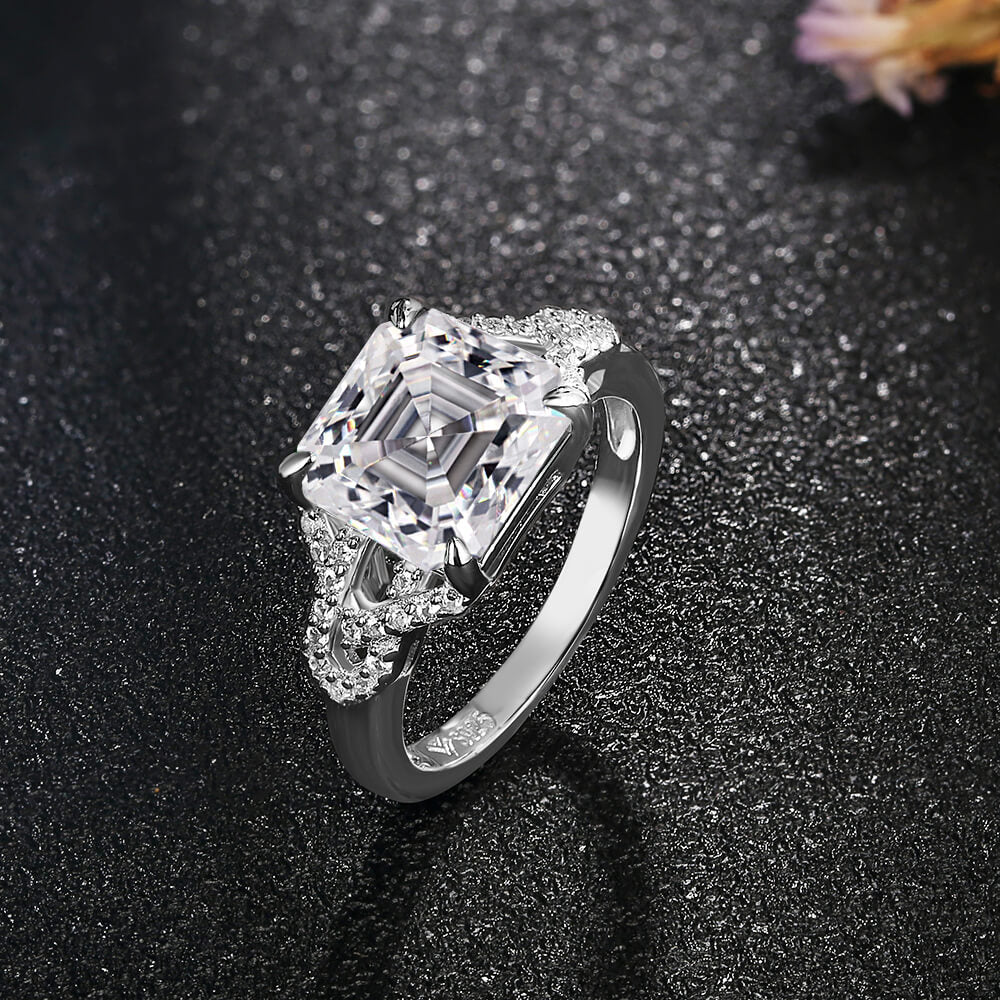 Asscher Cut Moissanite Side Stone Engagement Ring