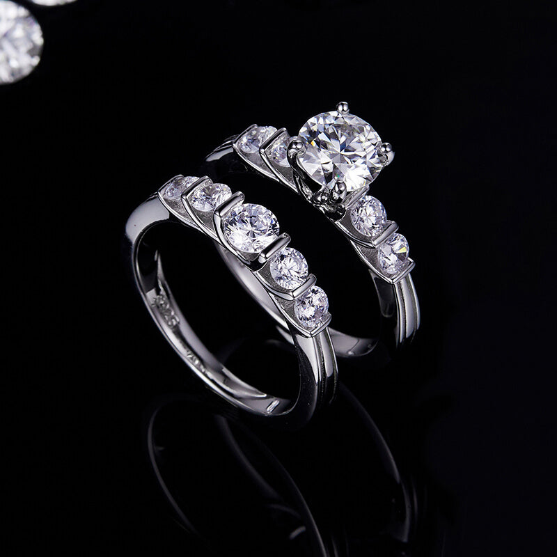 Bar Set Moissanite Accents Bridal Engagement Ring Set