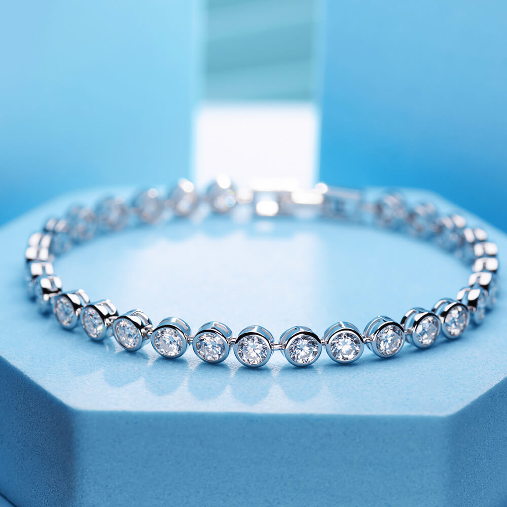 Bezel Set Moissanite Tennis Sterling Silver Bracelet