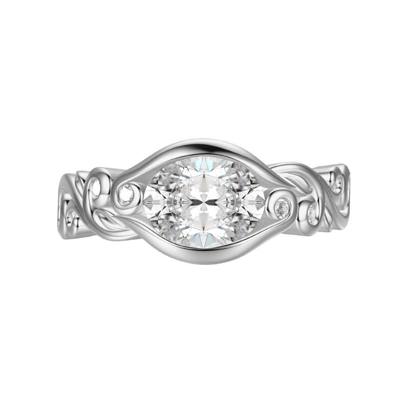 Bezel Set Oval Moissanite Scroll Accents Engagement Ring