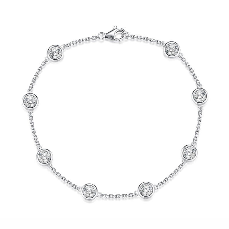 Bezel Set Round Moissanite Evenly Spaced Sterling Silver Bracelet