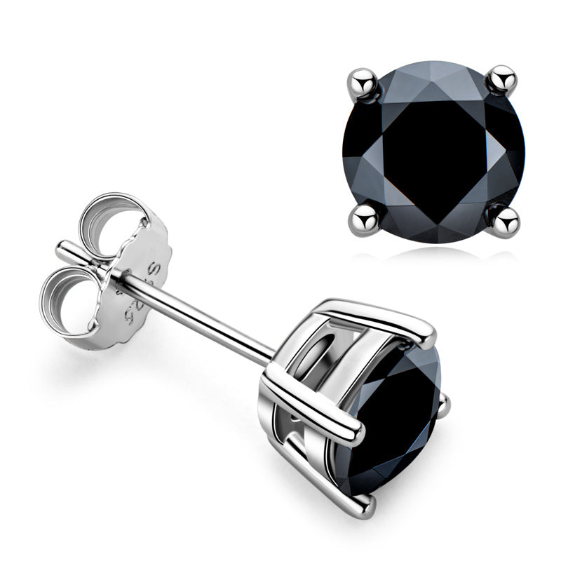 Black Moissanite Four Prong Stud Earrings In Sterling Silver