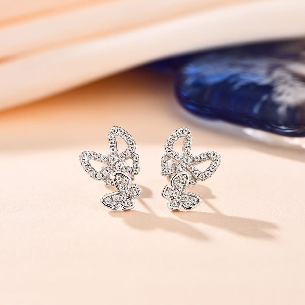 Butterfly Suit Moissanite Pave Stud Earrings In Sterling Silver