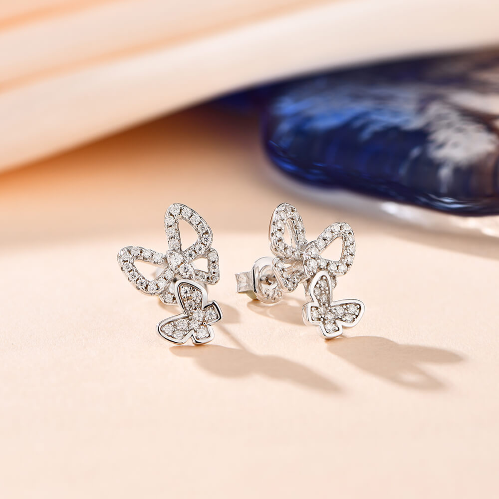 Butterfly Suit Moissanite Pave Stud Earrings In Sterling Silver