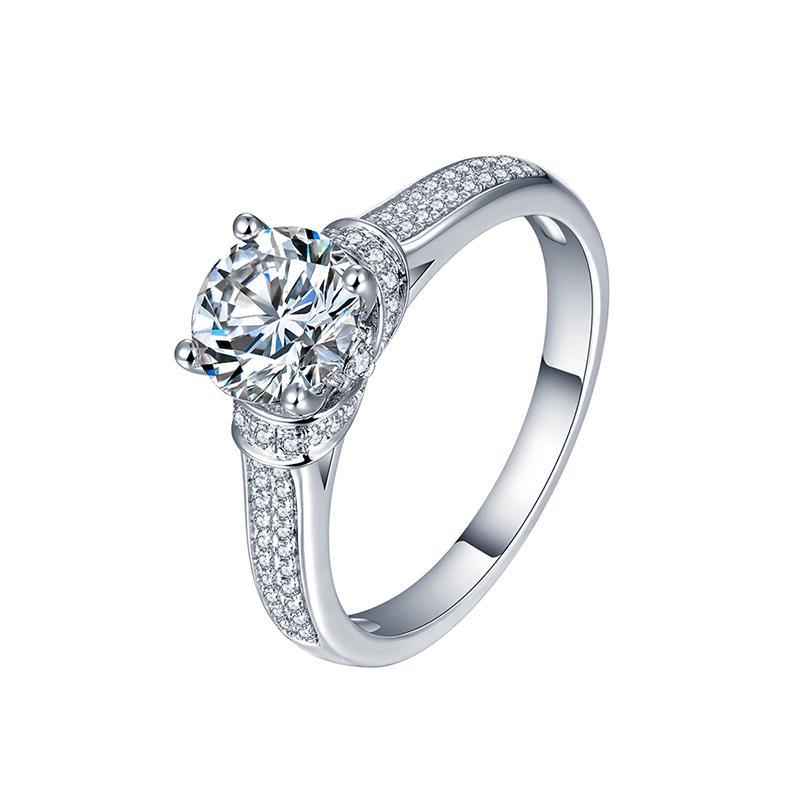 Round Moissanite Four Prong Side Stone Promise Engagement Ring