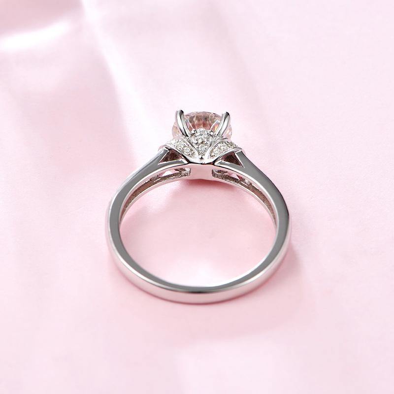 Round Moissanite Four Prong Side Stone Promise Engagement Ring