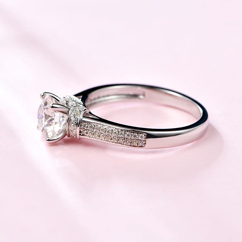 Round Moissanite Four Prong Side Stone Promise Engagement Ring