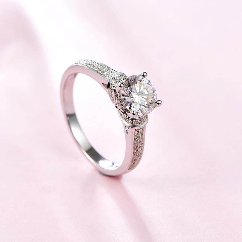 Round Moissanite Four Prong Side Stone Promise Engagement Ring