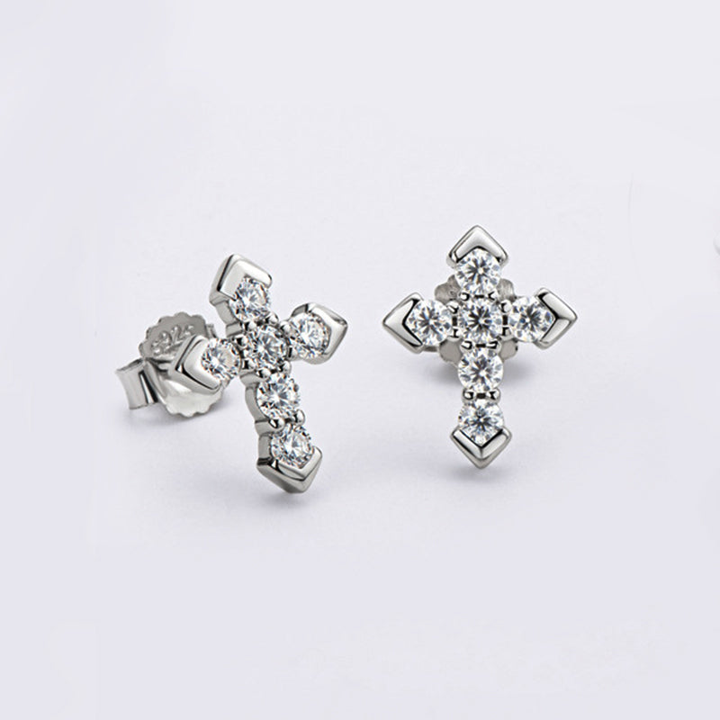 Cross Moissanite Stud Earrings In Sterling Silver