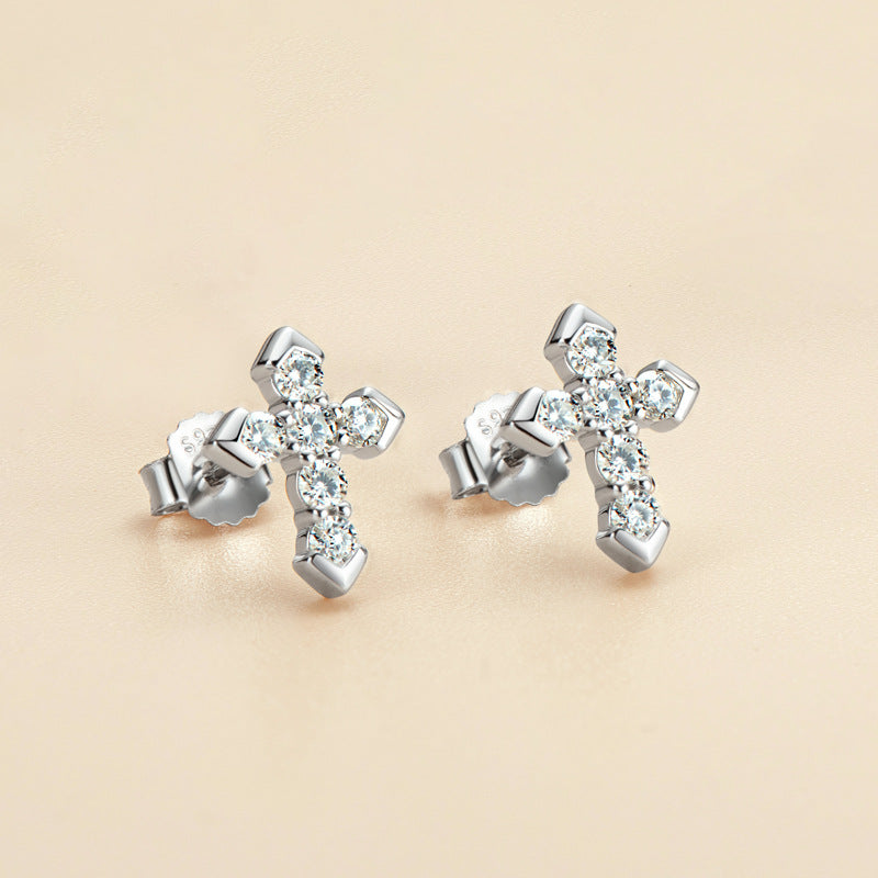 Cross Moissanite Stud Earrings In Sterling Silver