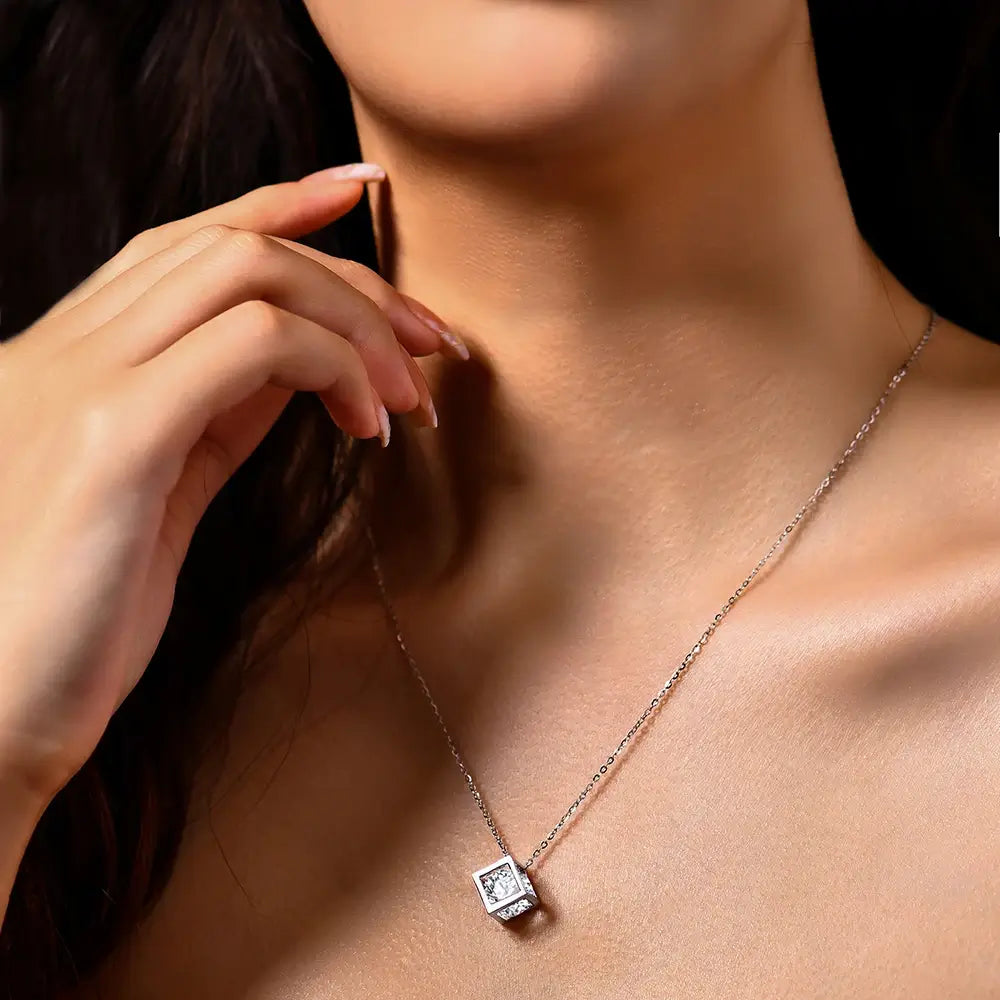 Cube Wrapped Solitaire Moissanite Necklace In Sterling Silver