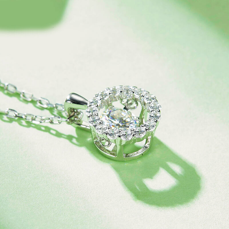 Dancing Moissanite Around You Halo Necklace in Sterling Silver