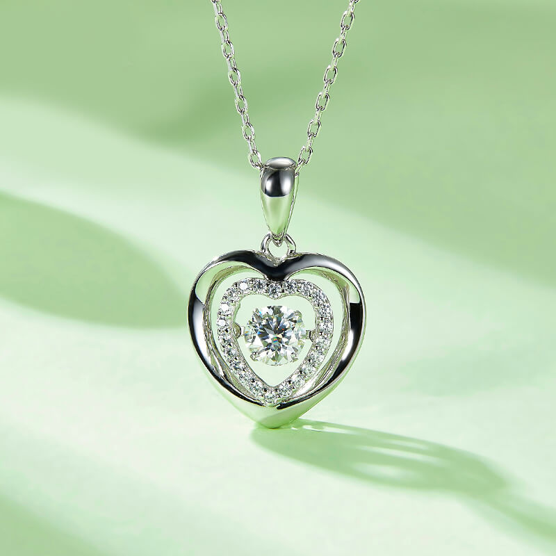 Dancing Moissanite Double Heart Necklace in Sterling Silver