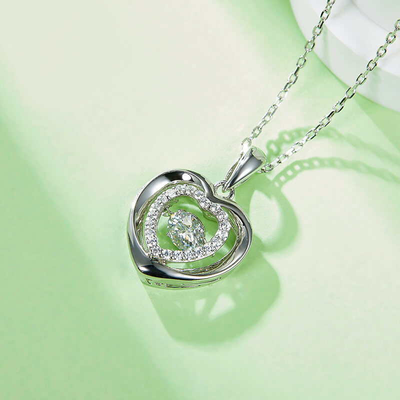 Dancing Moissanite Double Heart Necklace in Sterling Silver