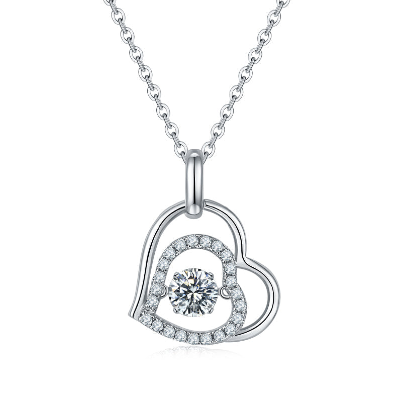 Dancing Moissanite Double Heart Pave Necklace in Sterling Silver