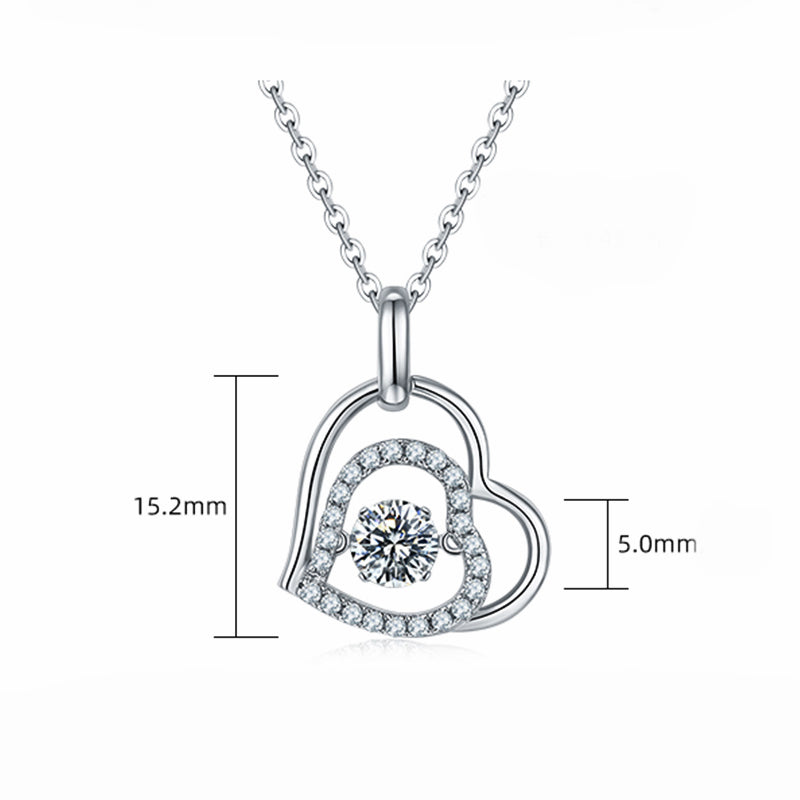 Dancing Moissanite Double Heart Pave Necklace in Sterling Silver