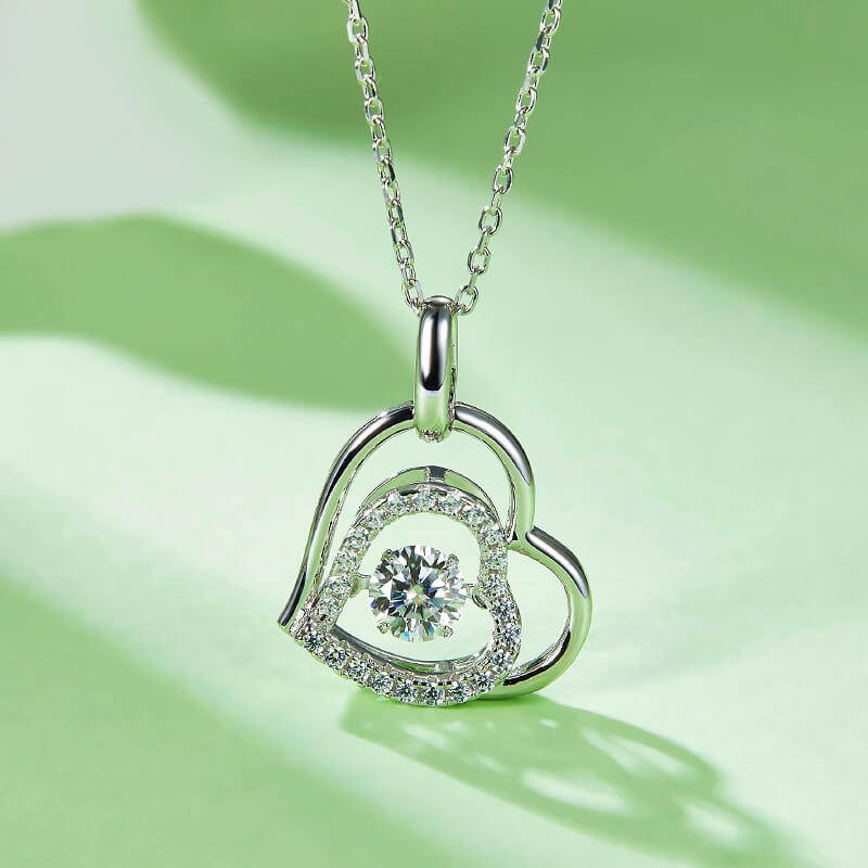 Dancing Moissanite Double Heart Pave Necklace in Sterling Silver