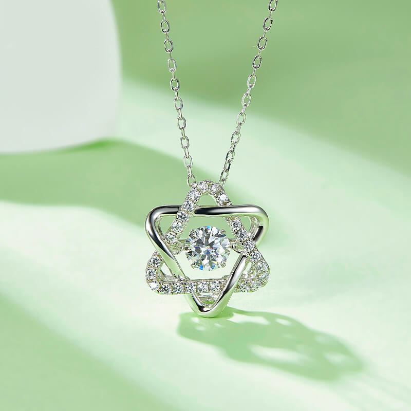 Dancing Moissanite Six Pointed Star Necklace in Sterling Silver