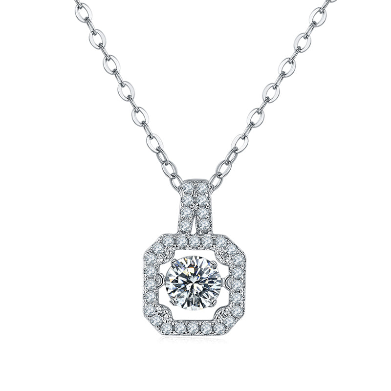 Dancing Moissanite Square-Shaped Halo Necklace in Sterling Silver