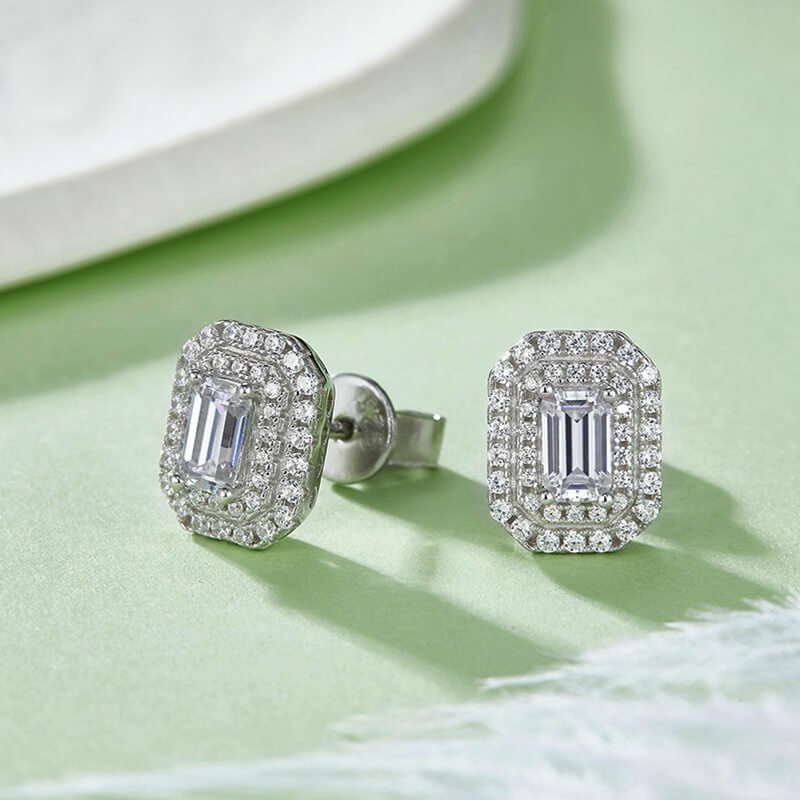 Double Halo Emerald-Cut Moissanite Stud Earrings In Sterling Silver