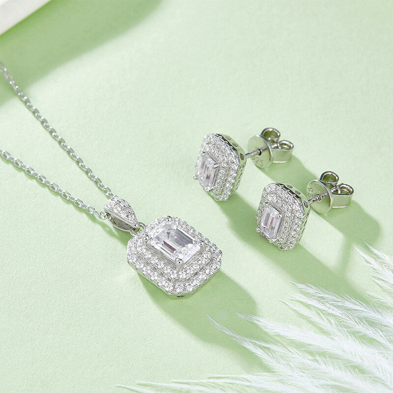 Double Halo Emerald-Cut Moissanite Pendant Necklace