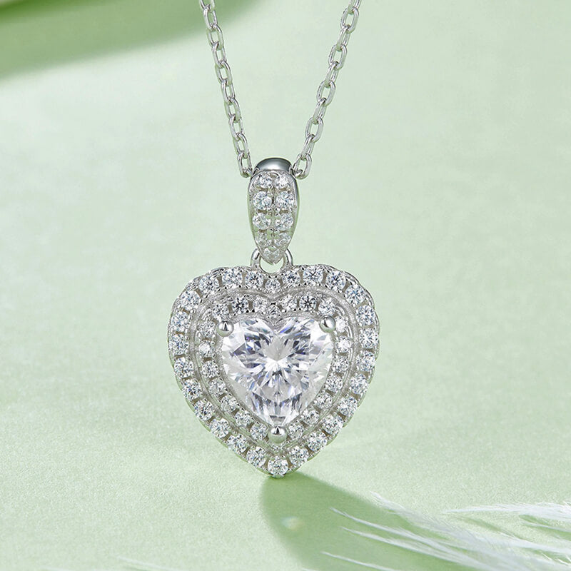 Double Halo Heart Cut Moissanite Pendant Necklace