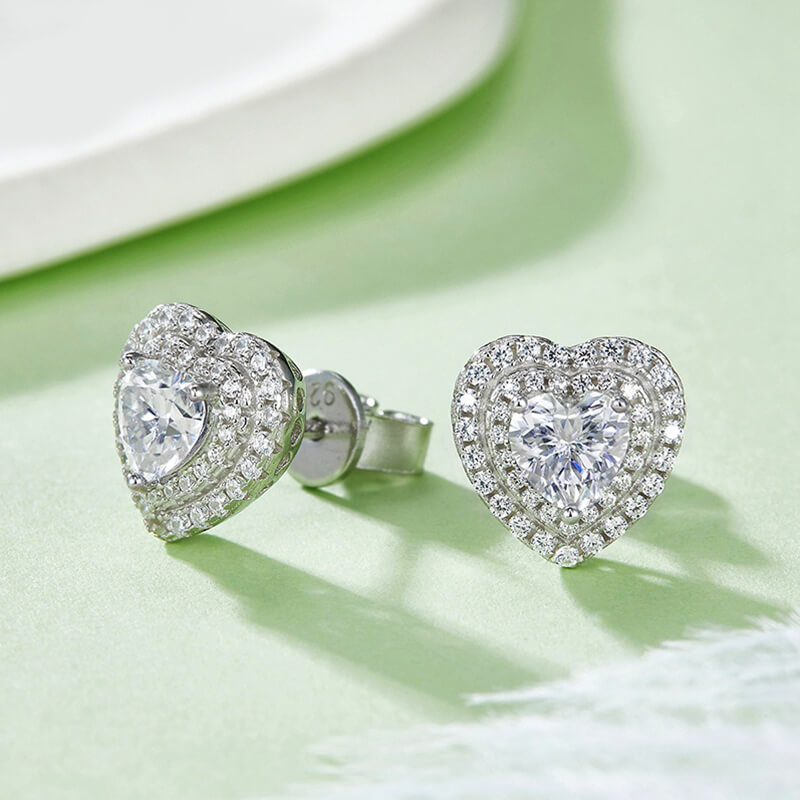 Double Halo Heart Moissanite Stud Earrings In Sterling Silver