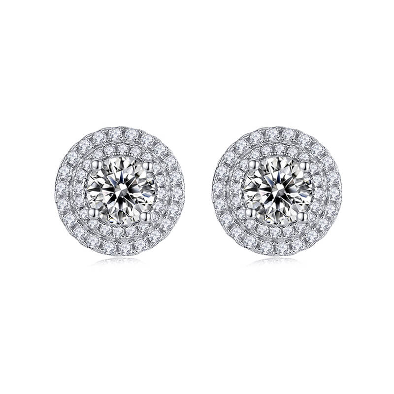 Double Halo Moissanite Stud Earrings In Sterling Silver