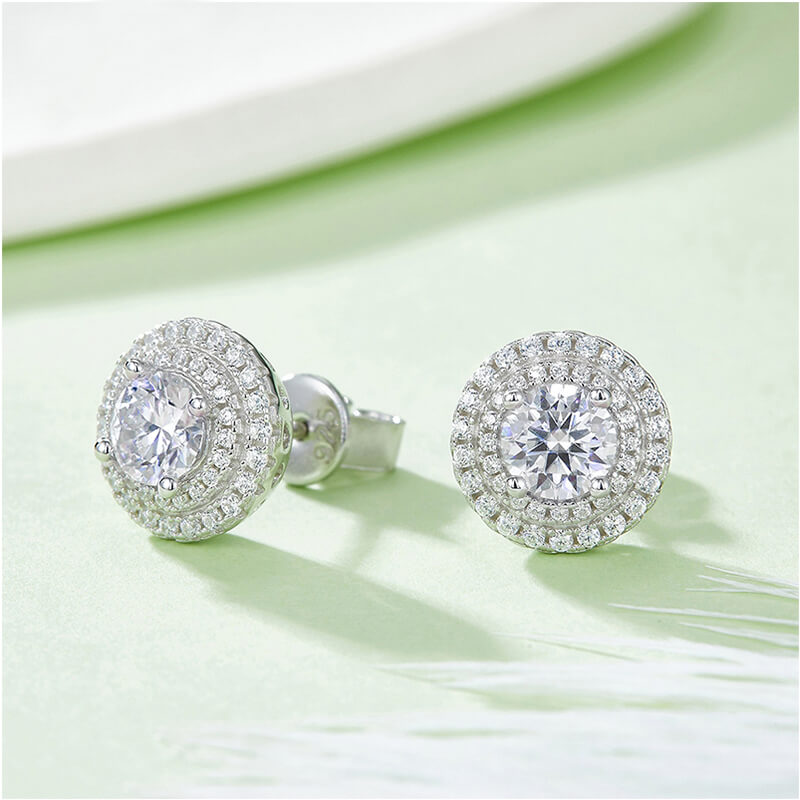 Double Halo Moissanite Stud Earrings In Sterling Silver