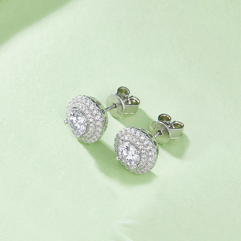 Double Halo Moissanite Stud Earrings In Sterling Silver