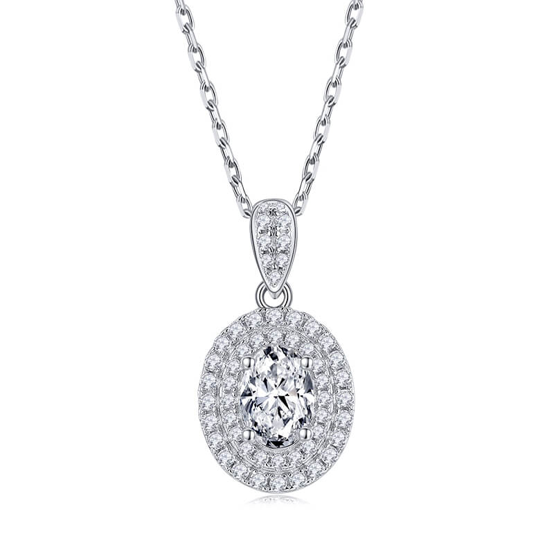 Double Halo Oval Moissanite Pendant Necklace