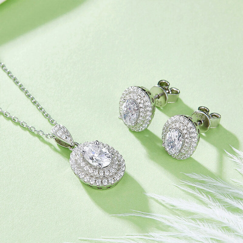 Double Halo Oval Moissanite Pendant Necklace