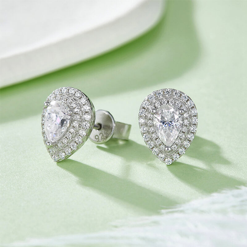 Double Halo Pear Cut Moissanite Stud Earrings In Sterling Silver