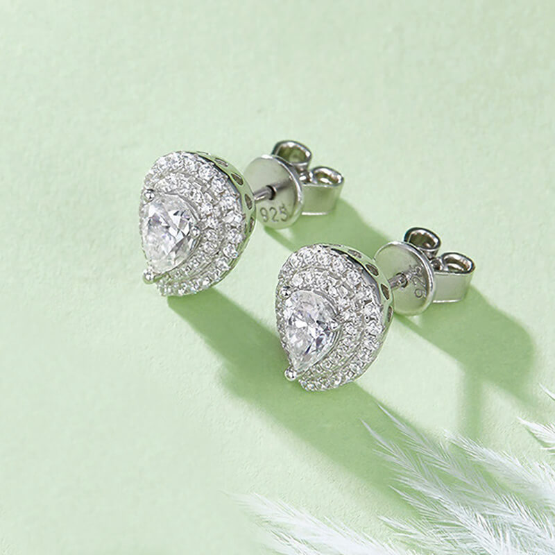 Double Halo Pear Cut Moissanite Stud Earrings In Sterling Silver