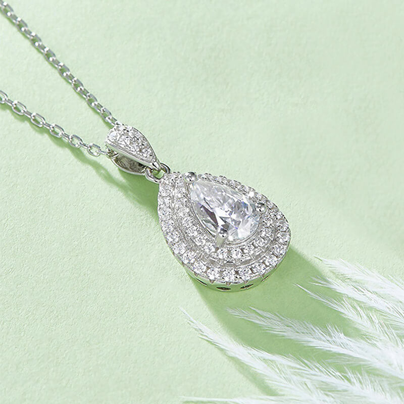 Double Halo Pear Moissanite Pendant Necklace