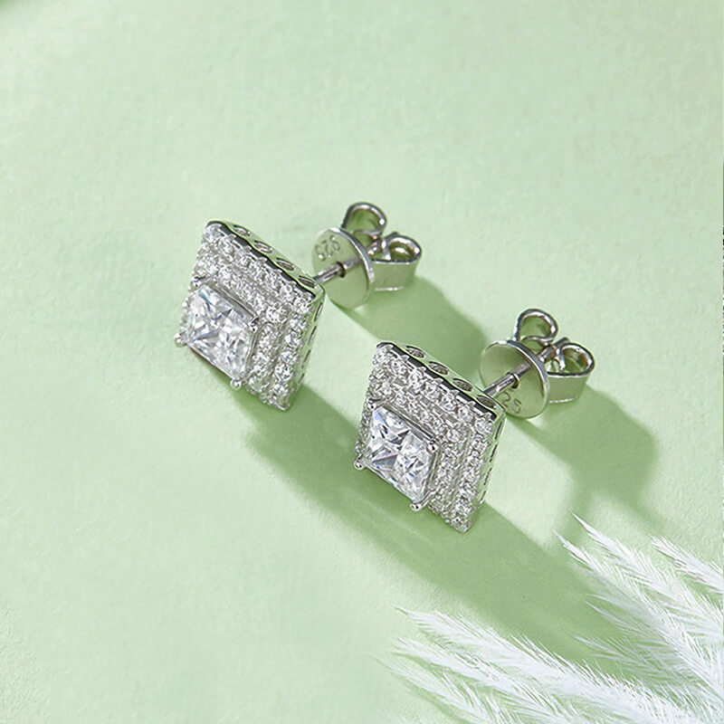 Double Halo Princess Cut Moissanite Stud Earrings In Sterling Silver