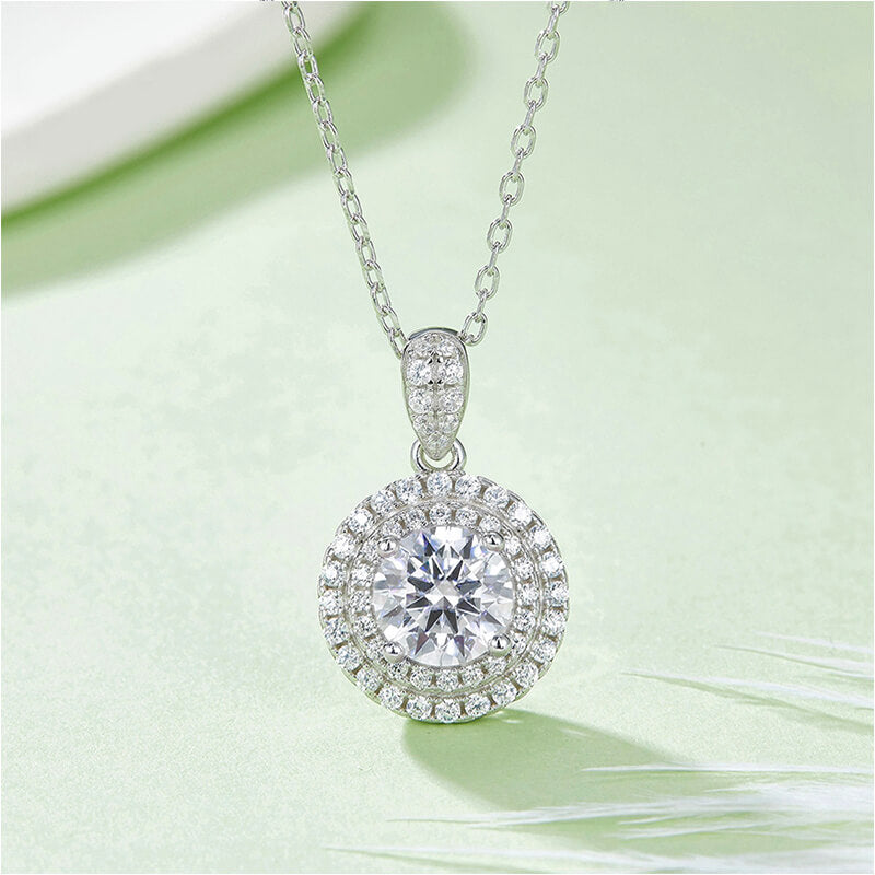 Double Halo Round Moissanite Pendant Necklace