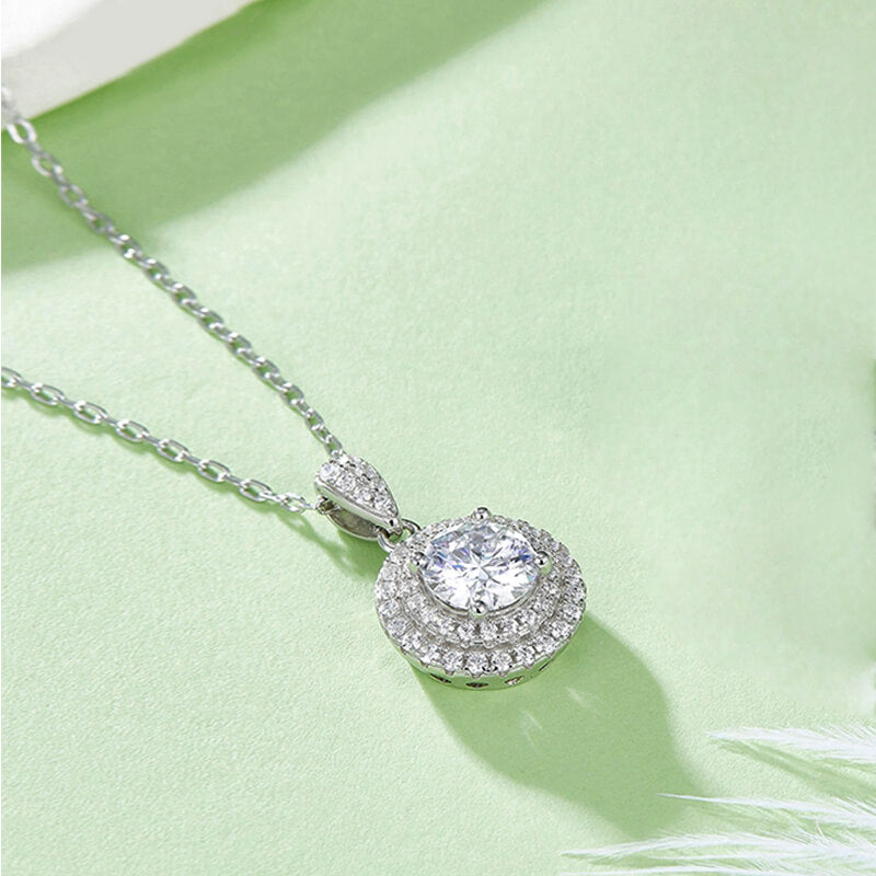 Double Halo Round Moissanite Pendant Necklace