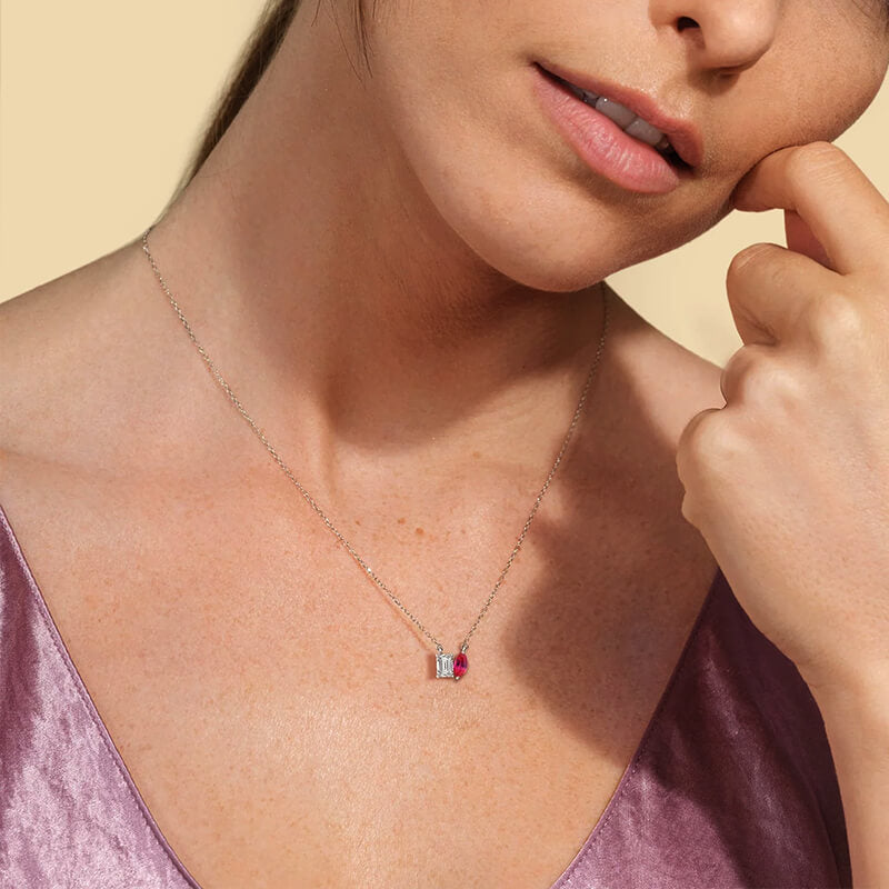 Emerald-Cut Moissanite And Marquise Ruby Necklace In Sterling Silver