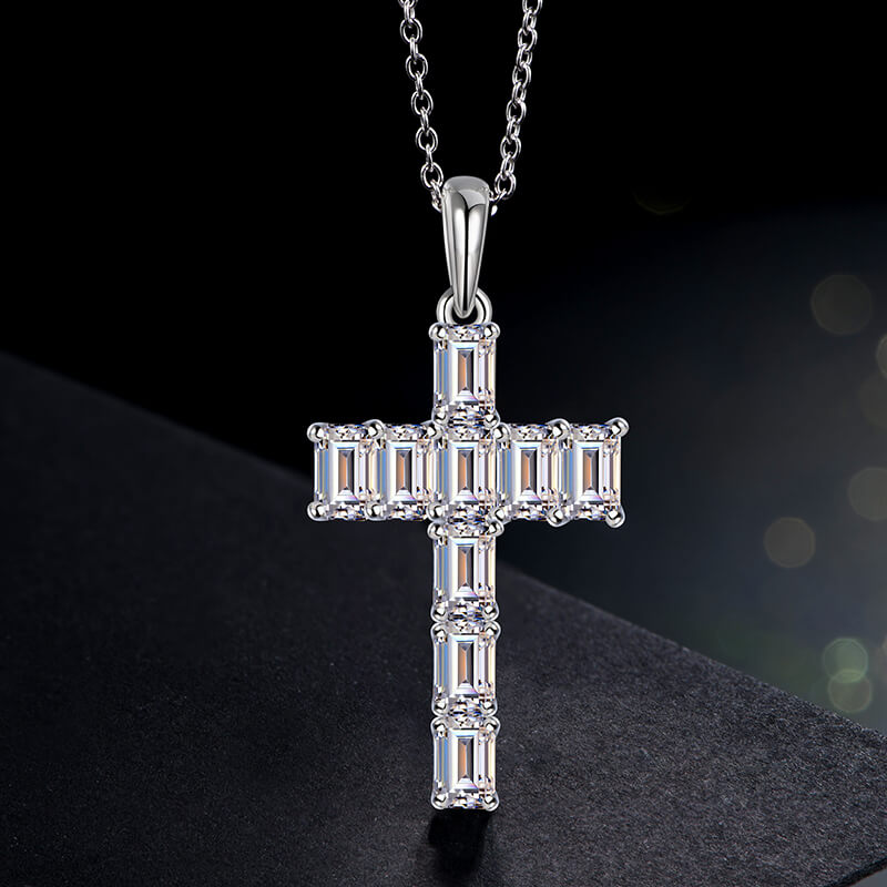 Emerald-Cut Moissanite Cross Pendant Necklace in Sterling Silver