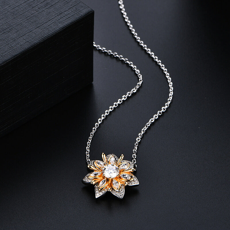 Flower Round Moissanite Two Tone Necklace In Sterling Silver