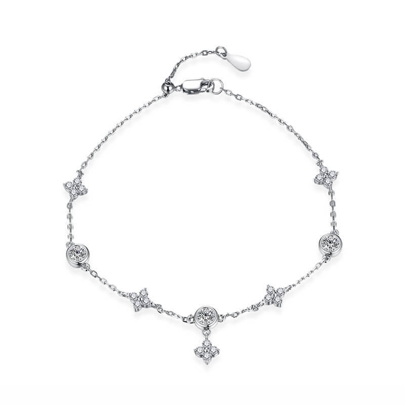 Four Leaf And Bezel Moissanite Evenly Spaced Bracelet In Sterling Silver