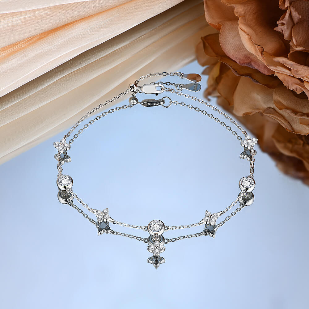 Four Leaf And Bezel Moissanite Evenly Spaced Bracelet In Sterling Silver