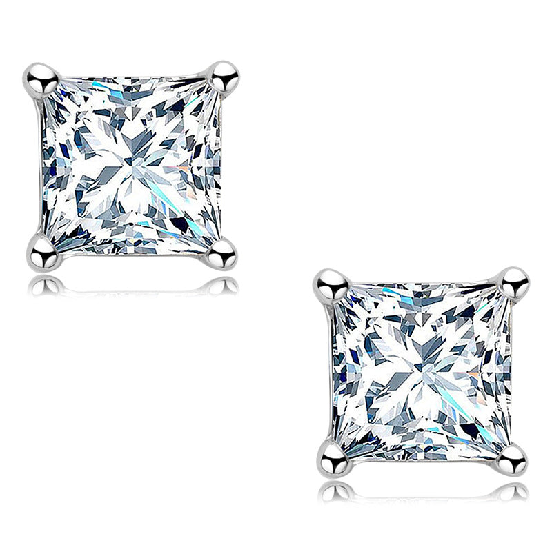 Four Prong Princess Cut Moissanite Stud Earrings In Sterling Silver