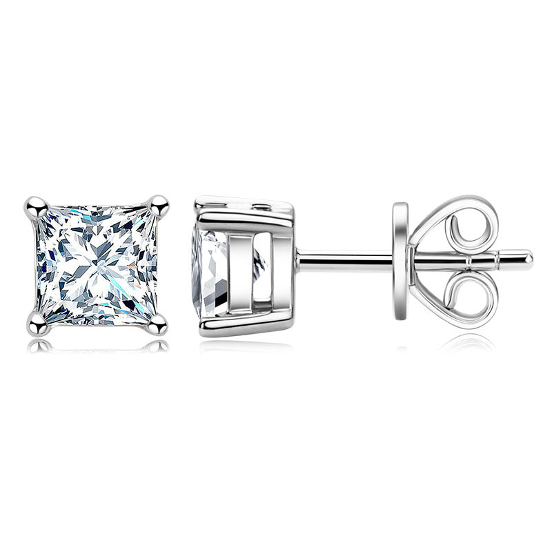 Four Prong Princess Cut Moissanite Stud Earrings In Sterling Silver