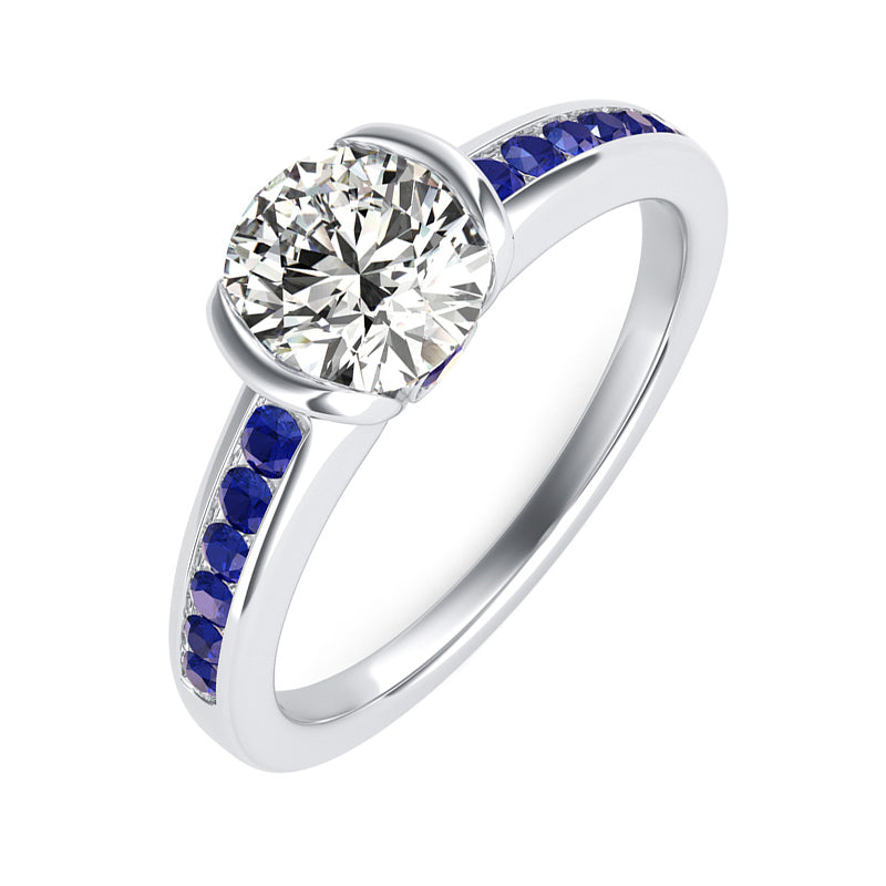 Half Bezel Moissanite With Sapphire Channel Set Engagement Ring