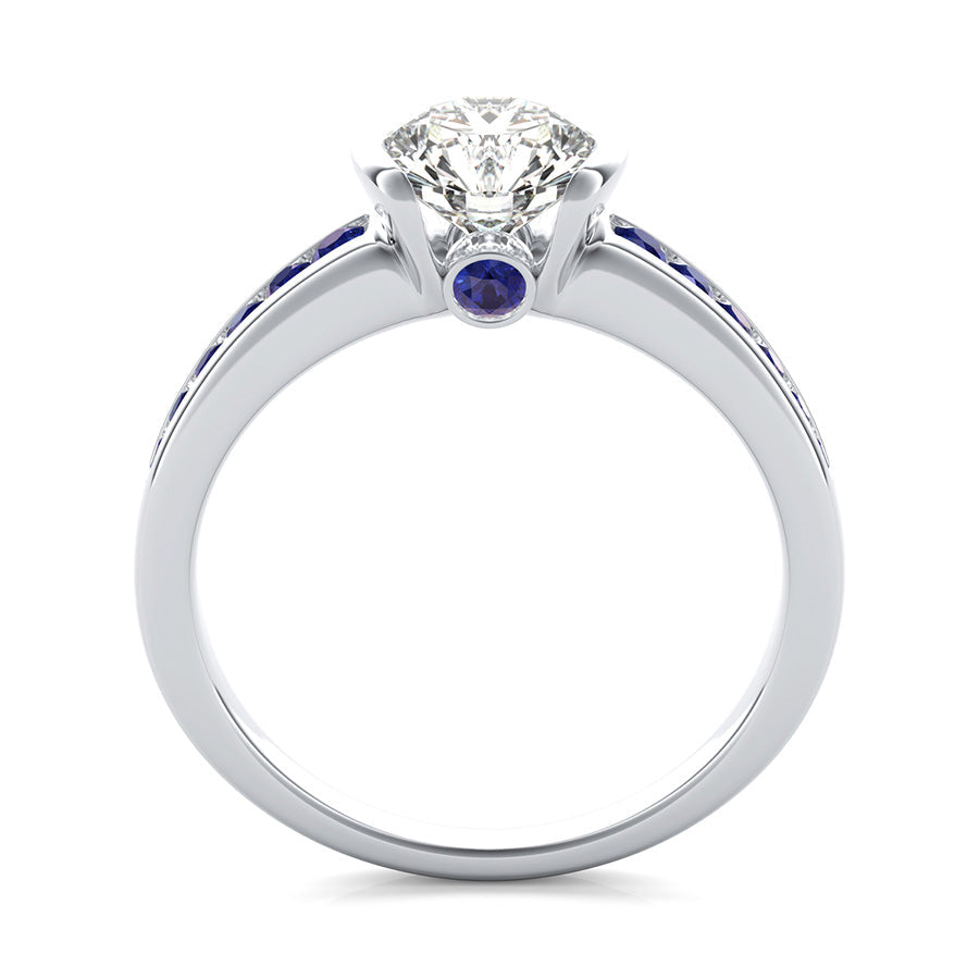 Half Bezel Moissanite With Sapphire Channel Set Engagement Ring