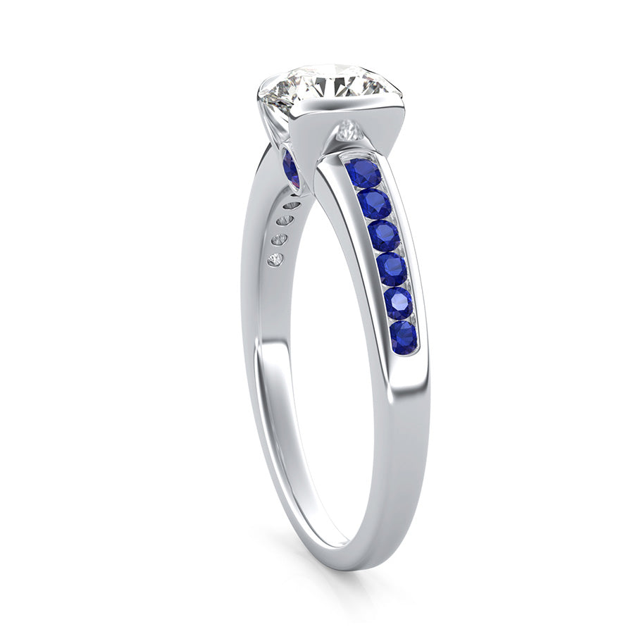 Half Bezel Moissanite With Sapphire Channel Set Engagement Ring