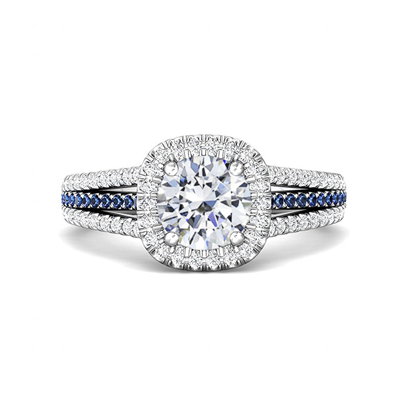 Halo Round Moissanite Sapphire Triple Row Pave Engagement Ring